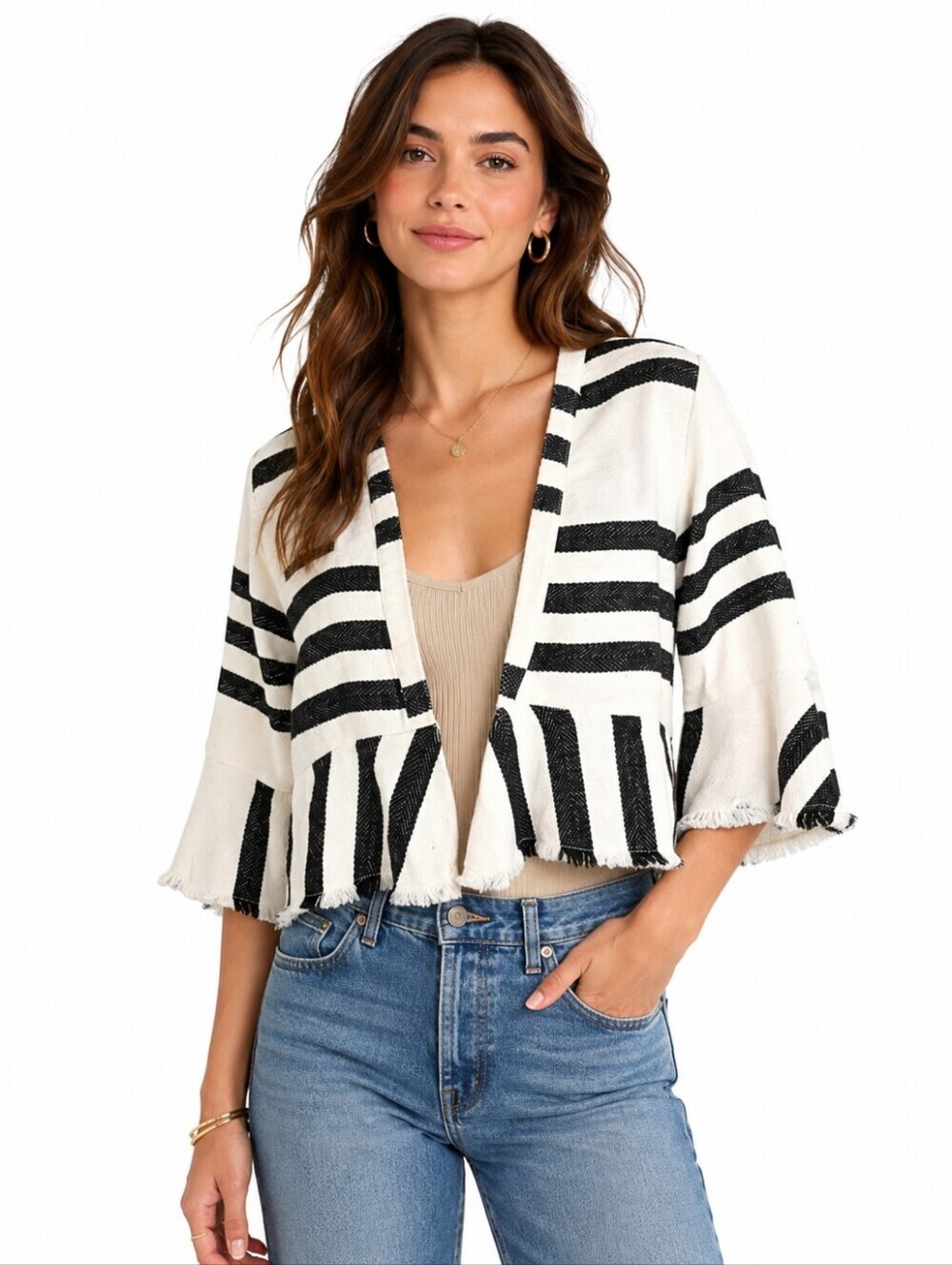 Anthropologie d.RA Los Angeles Striped Open Jacket Cropped Bell Sleeve M